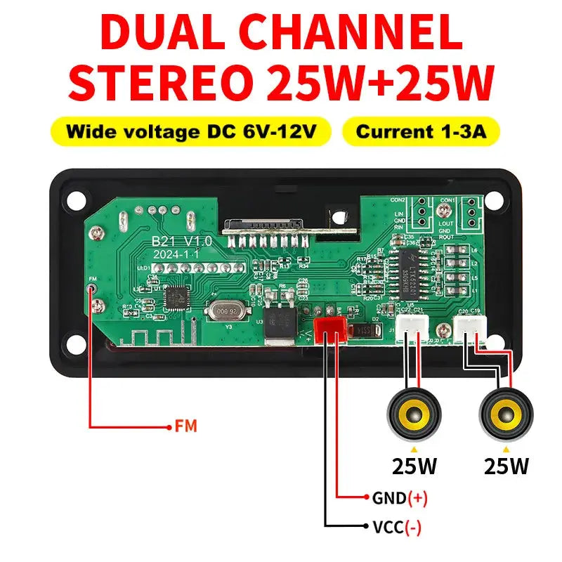 50W Bluetooth 5.0 DIY MP3 WAV Decoder Board for Car Audio DC 12V USB TF Card Slot FM with Mic