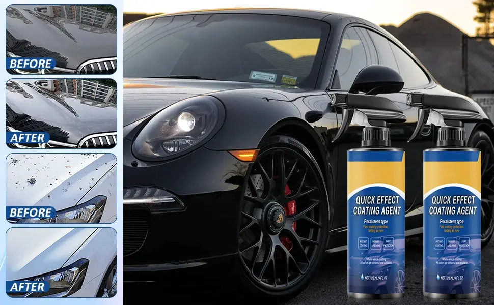 Two Quick Effect Coating Agent spray bottles beside a black sports car; left shows before/after finish panels.