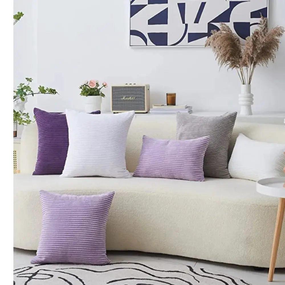 Pillow covers in lilac corduroy with striped texture for sofa and living room (6-piece set)