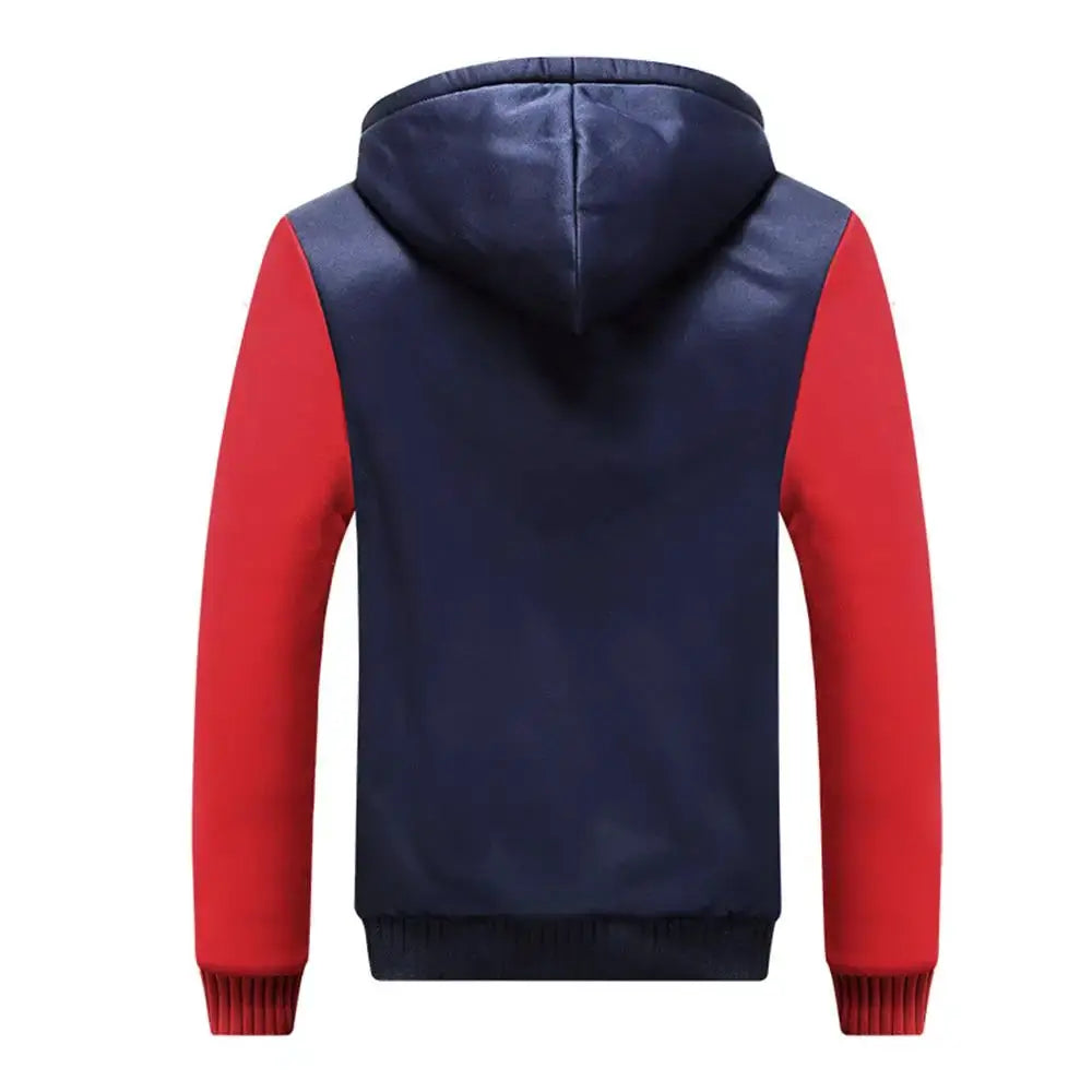 Men's hooded fleece jacket with navy body and red sleeves, back view.