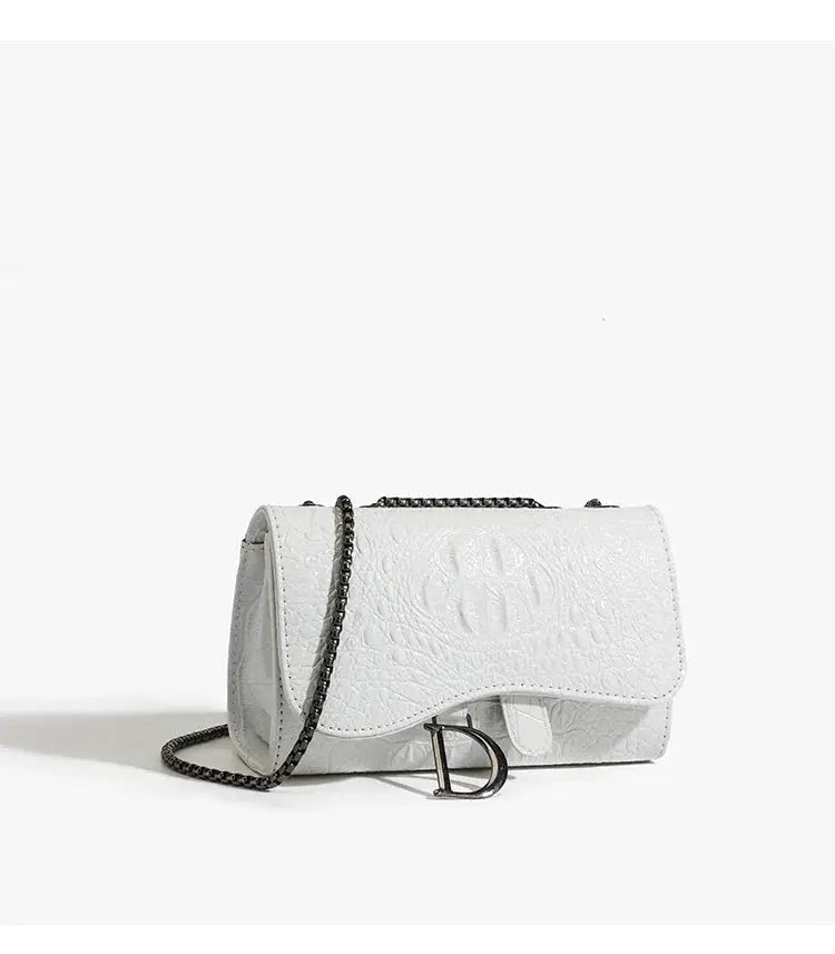 Crossbody handbag white textured bag with chain strap and flap closure