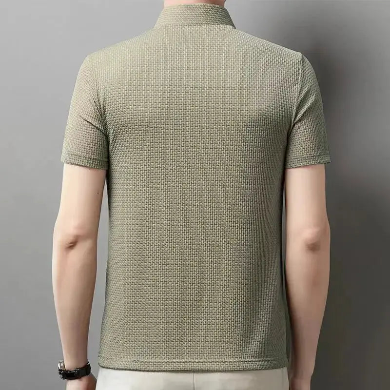 Men's bone-colored textured polo shirt, short sleeves, breathable casual summer top.