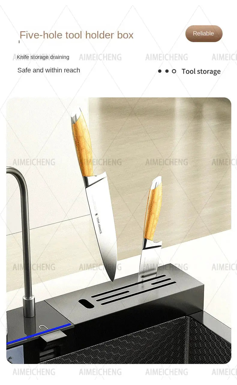 Stainless steel kitchen sink insert with left-side drainage and two wooden-handled knives in knife slots