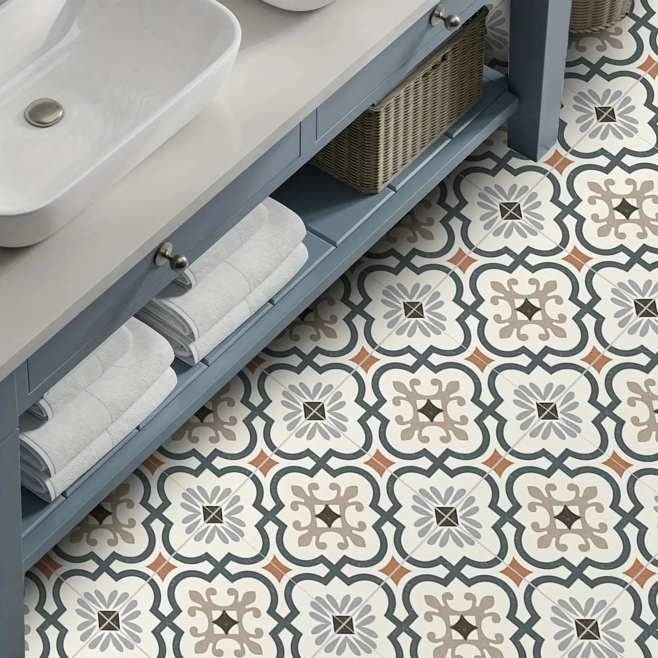 9PCS printed matte waterproof vinyl floor tile decals; blue-gray patterned floor tiles for home use