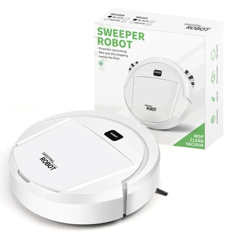 Simples Market Sweeper Robot automatic vacuum cleaner, white round vacuum with Start button, packaging box behind.