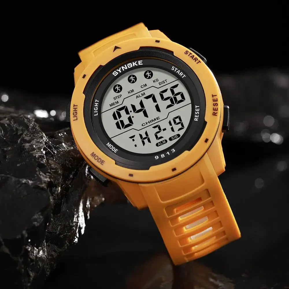SYNOKE men's digital sport watch with orange silicone strap, large LCD display, waterproof 50M.