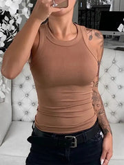 Women Solid Ribbed Round Neck Tank Top Camisole Elastic Summer Basic Polyester Elastane