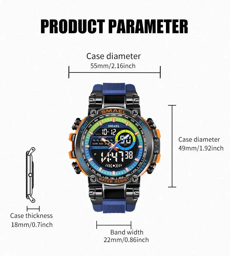 SMAEL 8141 men's digital sport watch with blue TPU strap, black alloy case, orange accents, 50m water resistant