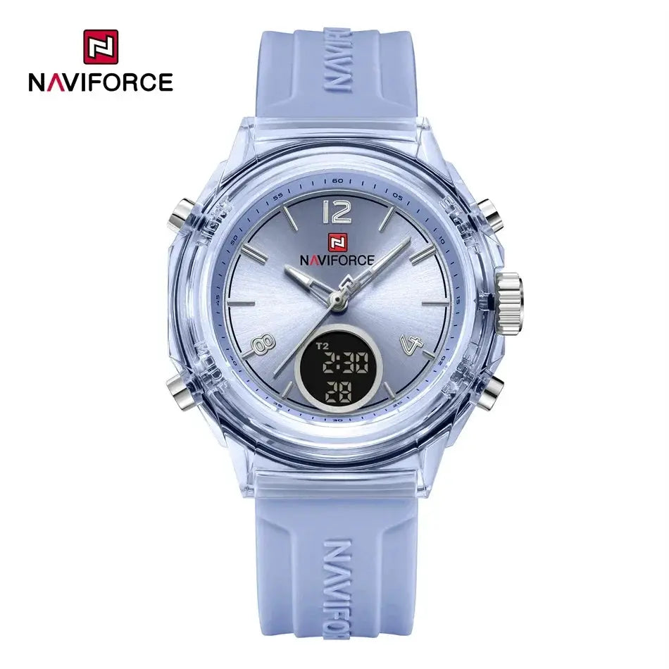 NAVIFORCE women's sport watch with blue rubber strap, transparent case, silver dial and digital display