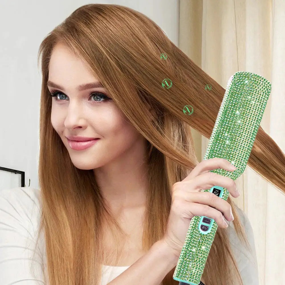 Rhinestone hair straightener with green rhinestone finish, titanium 2-inch plates, LCD display