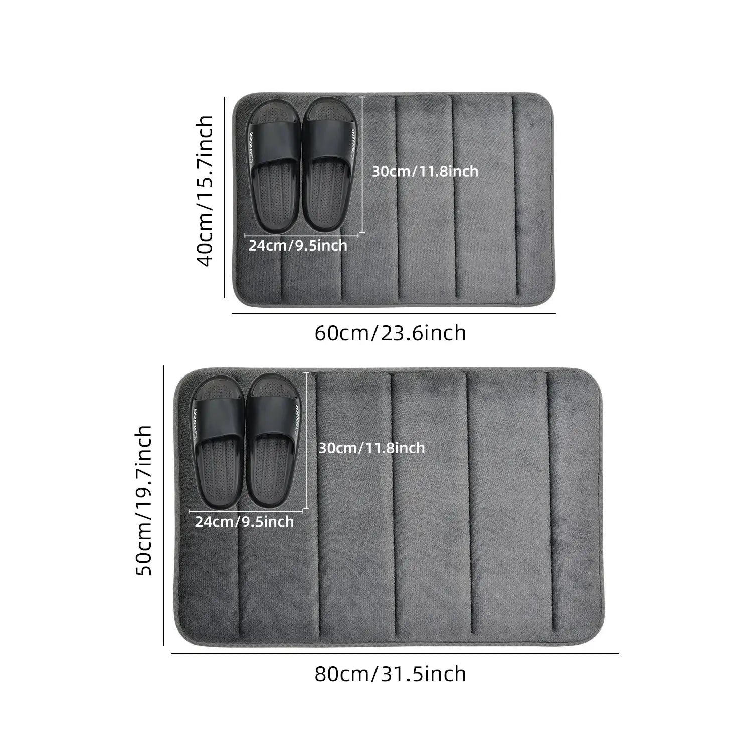 Bathroom mat by Simples Market; coral velvet, anti-skid, quick absorption, machine washable gray mat in two sizes (60x40 cm and 80x50 cm).