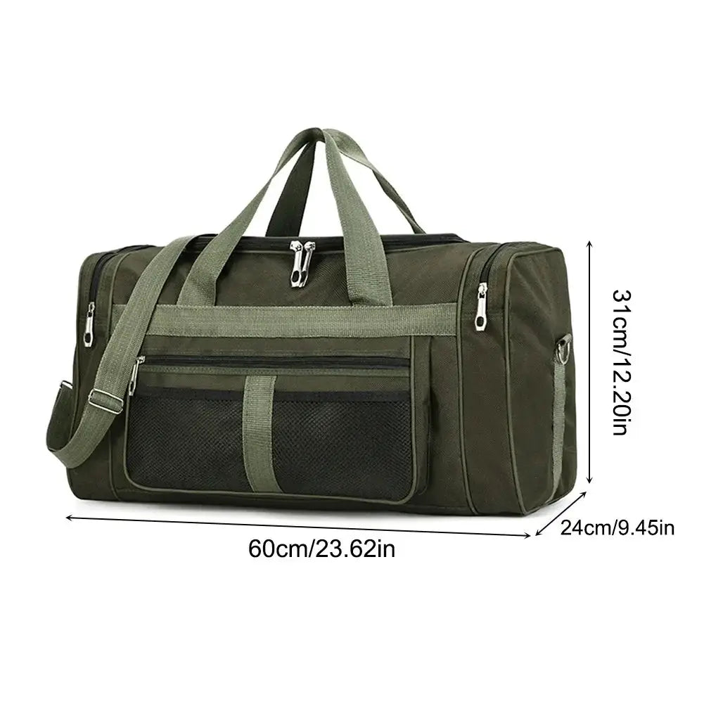 Olive green Oxford gym bag with dry-wet separation, large capacity, waterproof nylon and multiple zip pockets