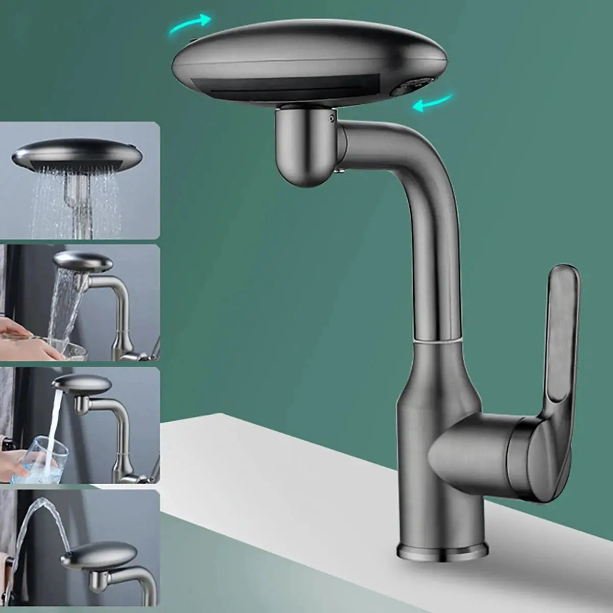 Simples Market chrome waterfall basin faucet for bathroom with 360° rotation and four spray modes.