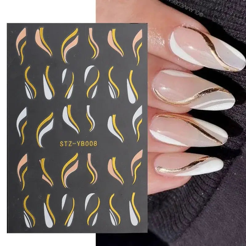 1PCS nail art decals sheet with bronzing gold striped geometric lines and curved shapes for Y2K manicure