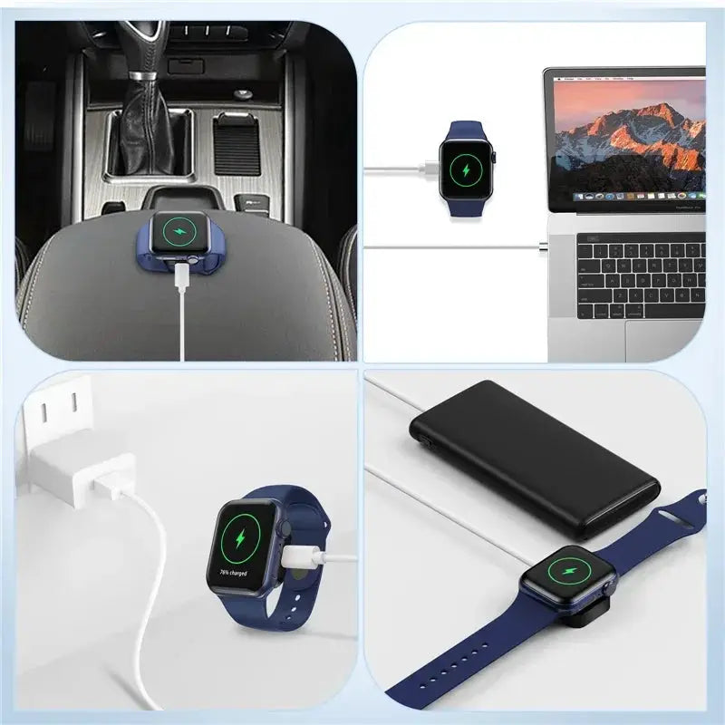 Simples Market portable wireless Apple Watch charger with blue cradle and dual Type-C and 8-pin interfaces