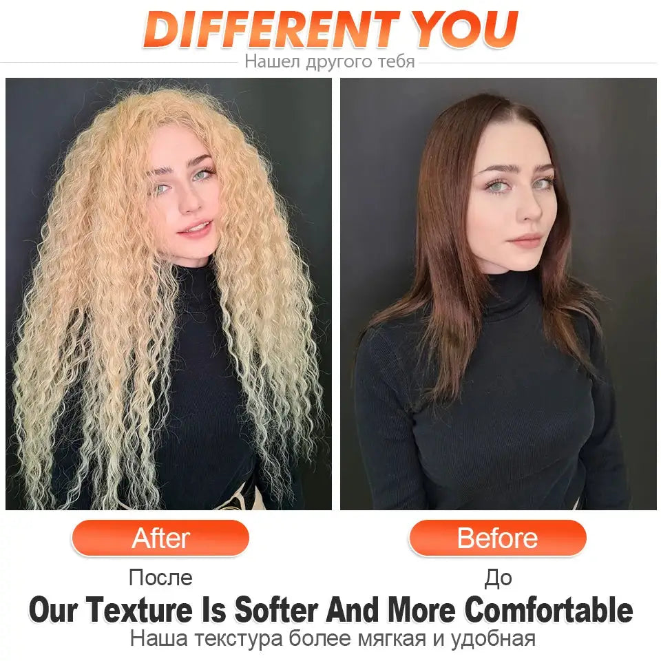 Ariel Curl Hair Crochet Braids extension; ombre blonde curls and straight brown style shown (2 items)