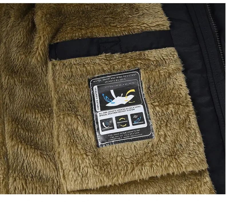 Men's tan faux-fur parka jacket with label patch and black zipper trim
