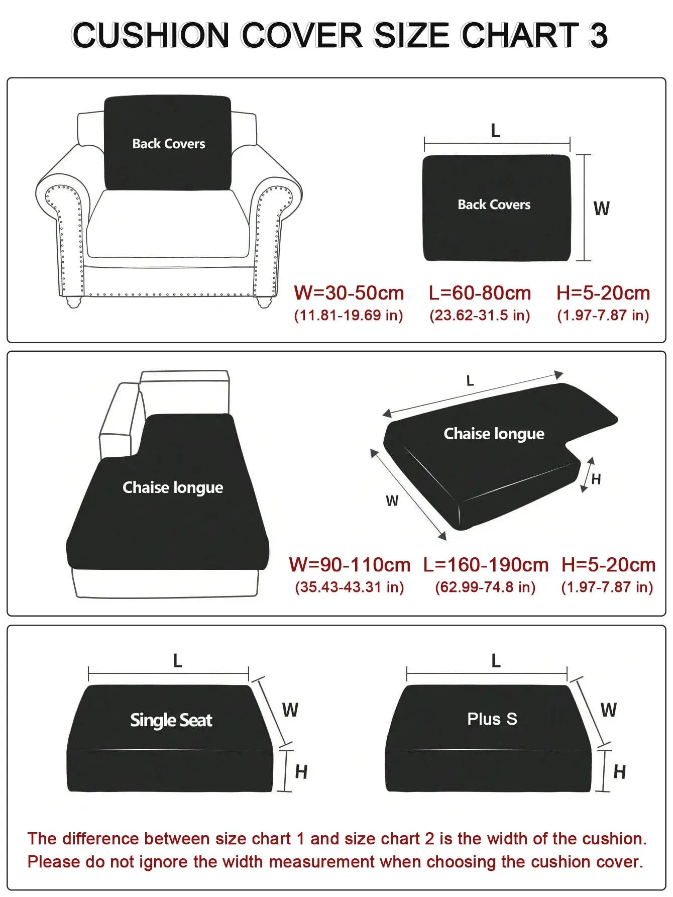 Simples Market plush sofa slipcover size chart with back covers, chaise longue and single seat options