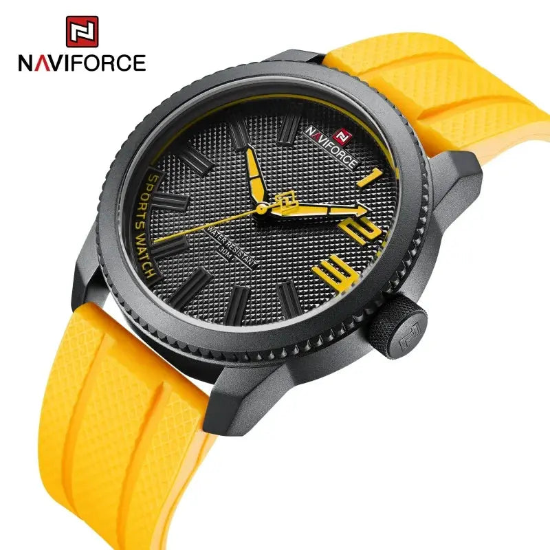NAVIFORCE men's quartz watch with yellow silicone strap and black textured dial
