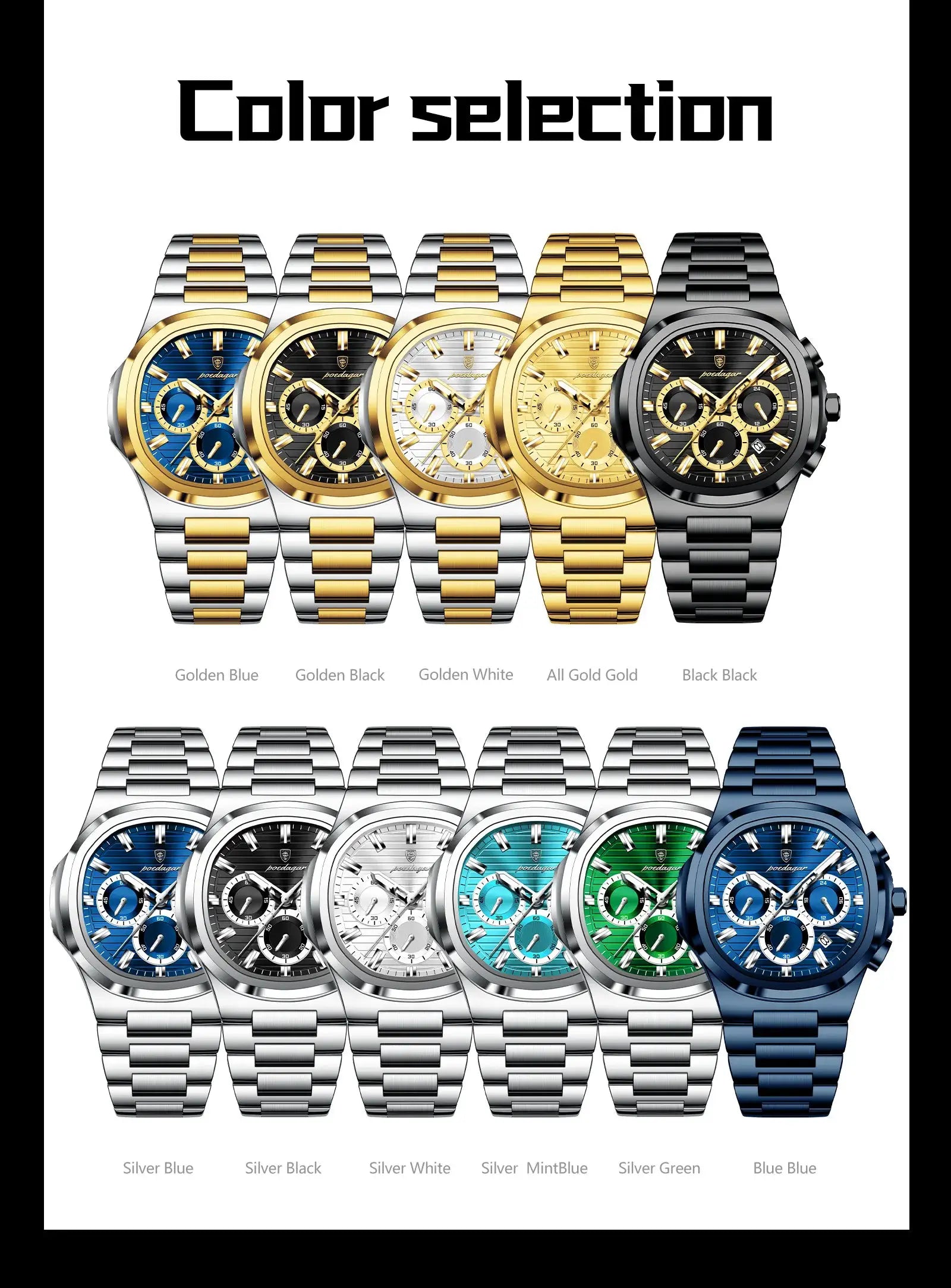 POEDAGAR men's stainless steel chronograph wristwatch by Simples Market, 12 color variants