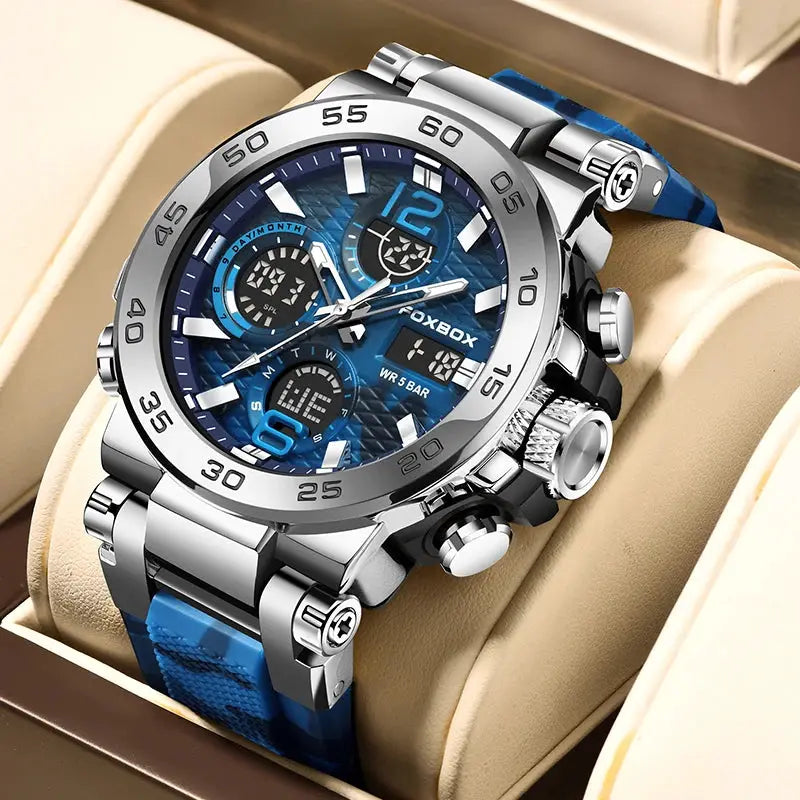 LIGE electronic men's wristwatch with FoxBox logo, blue LED dial, stainless steel case and blue strap