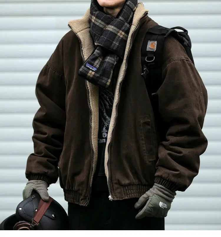 Japanese vintage polar fleece jacket for men, brown with sherpa lining, zip front.