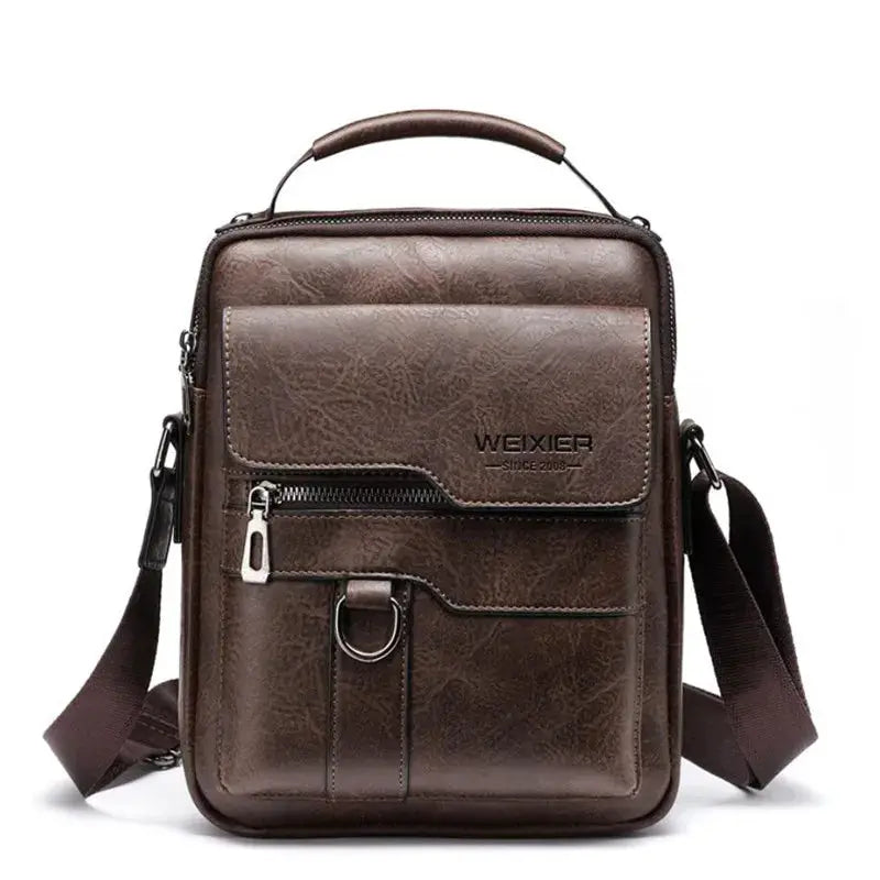 Men's brown leather crossbody shoulder bag by WEIXIER with front zip pocket and metal ring detail