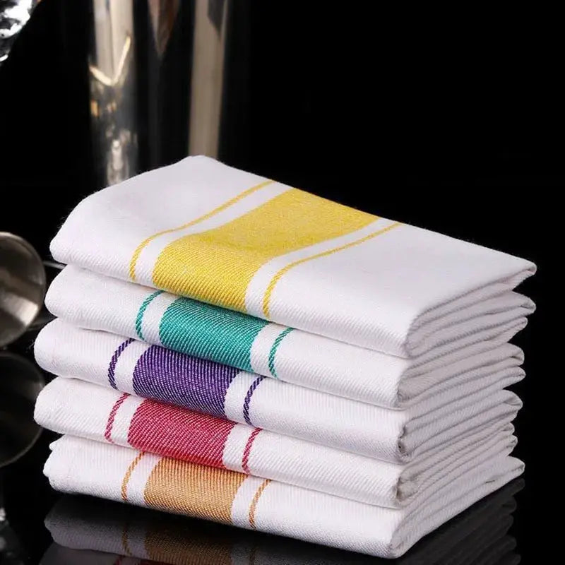 European kitchen towel placemats; thick cotton cup cloths with colorful striped edges, stacked by Simples Market