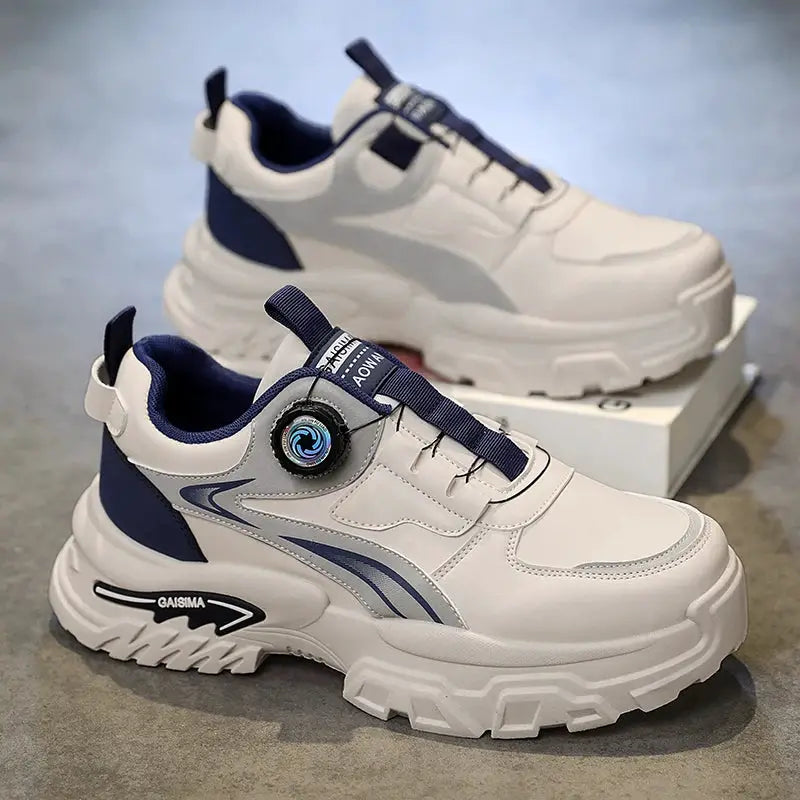 Men's chunky-sole running shoes by Simples Market, white with navy accents and GAISIMA sole label