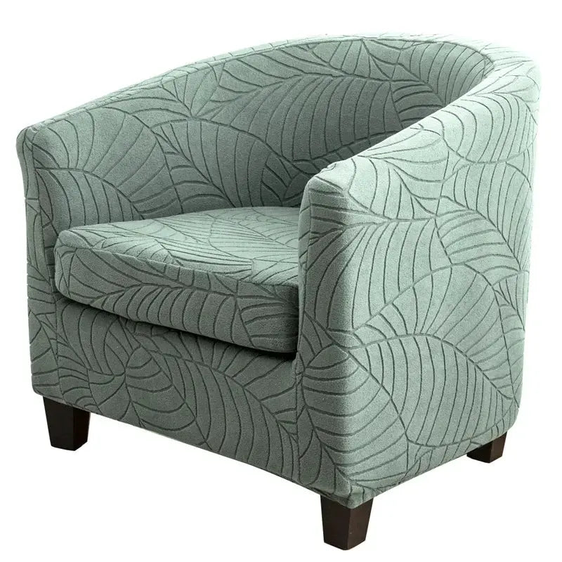 Leaves Jacquard tub chair cover by Simples Market in sage green; anti-dirt stretch slipcover for armchair.