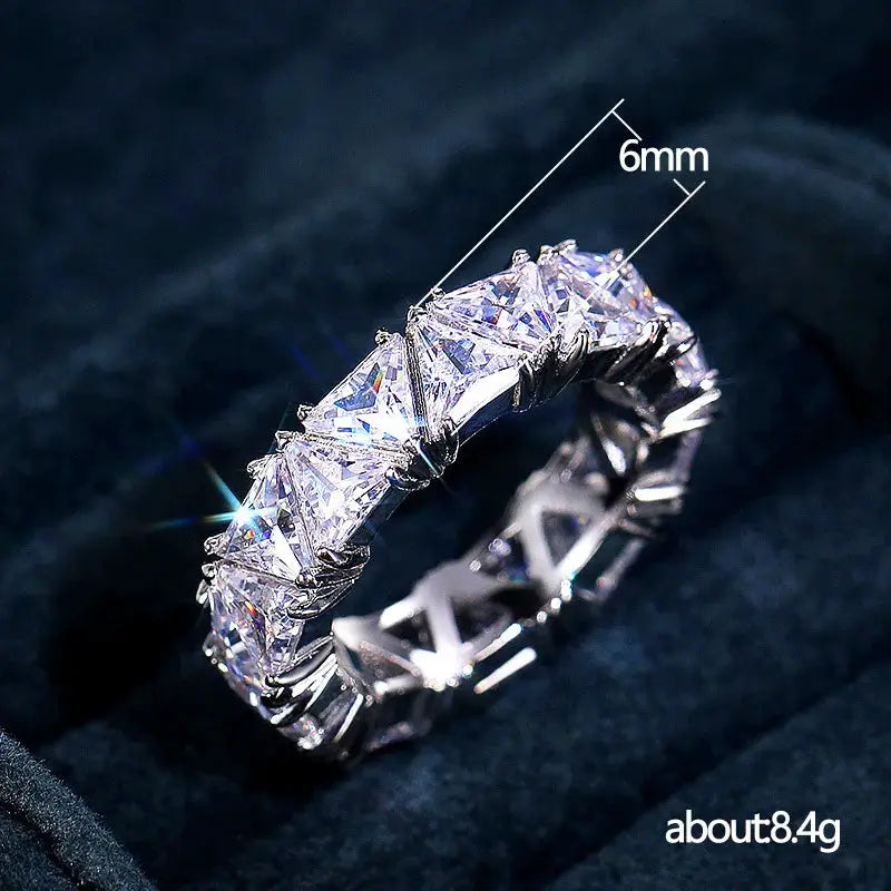 Huitan luxury triangle-design cubic zirconia promise ring for women, silver-tone brass band