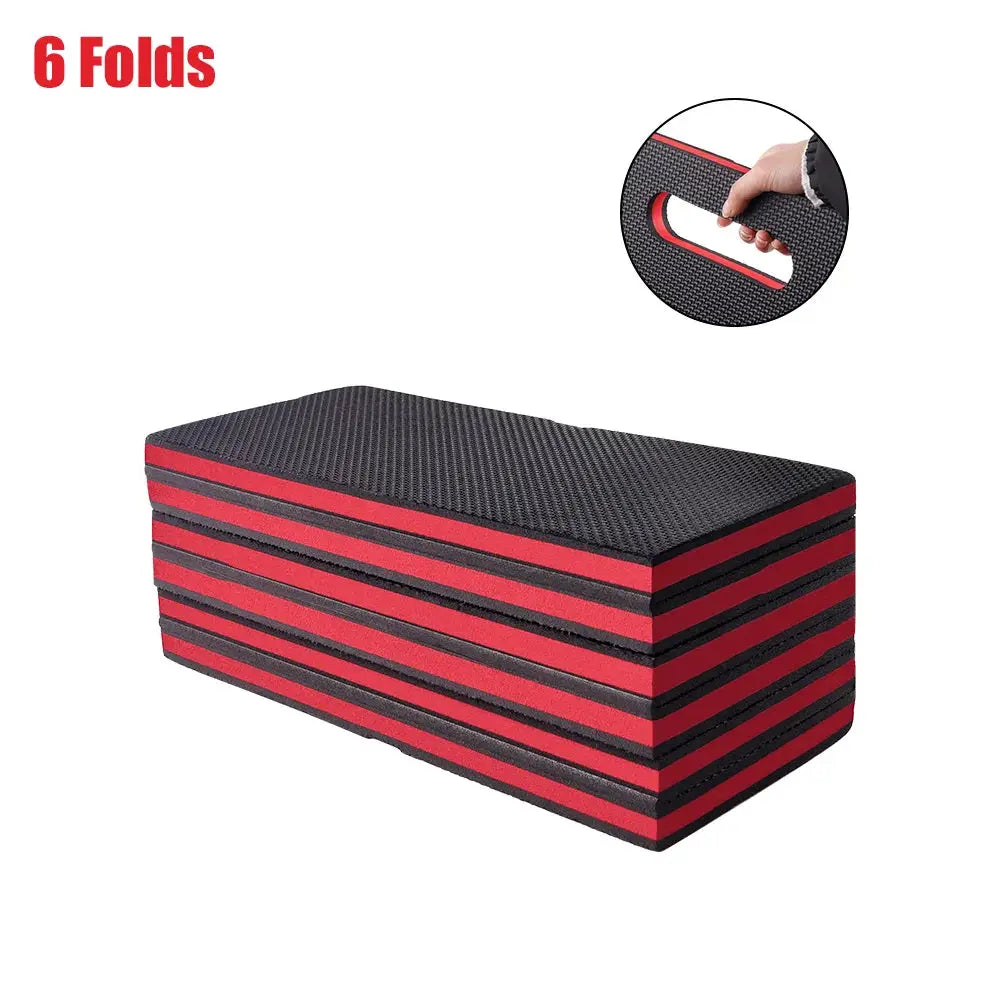 Simples Market EVA foldable car repair mat; red and black layered foam, 6-fold portable work pad.