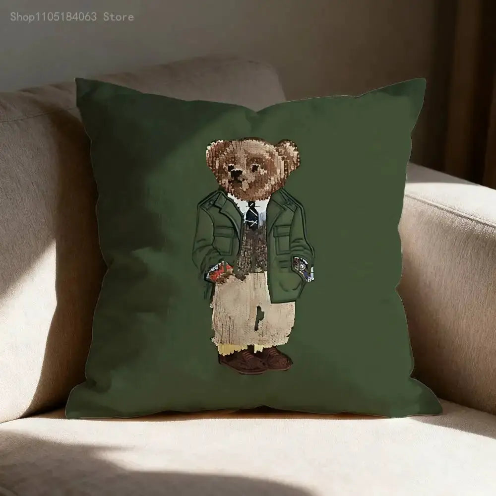 Fashion bear throw pillow cover; square green with a teddy in a green jacket and beige pants.