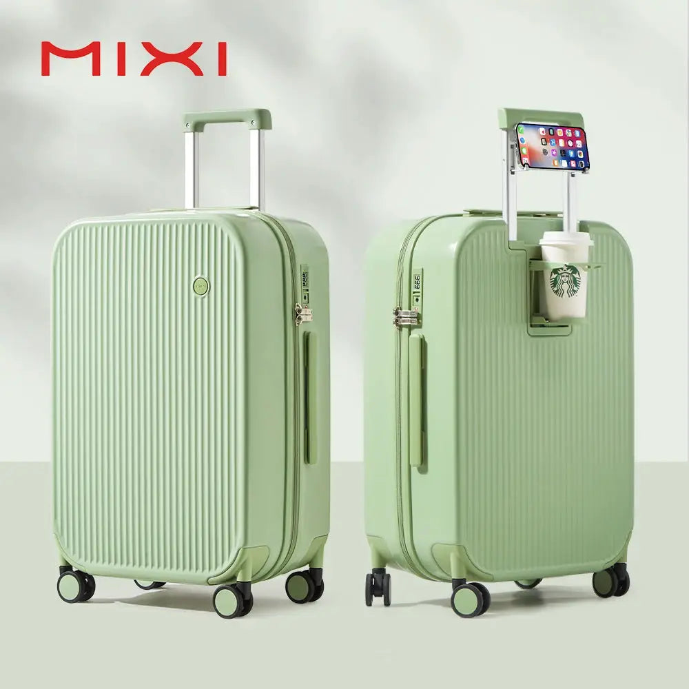 MIXI green hard-shell carry-on luggage set with cup holder and phone mount; two PC spinner suitcases.