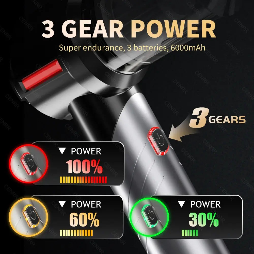 CENRR cordless car vacuum cleaner mini handheld with silver/black body and 3-gear power indicators