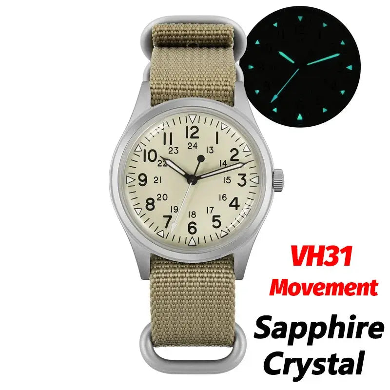 Simples Market Militado ML07 military watch with VH31 movement, sapphire crystal, khaki canvas strap