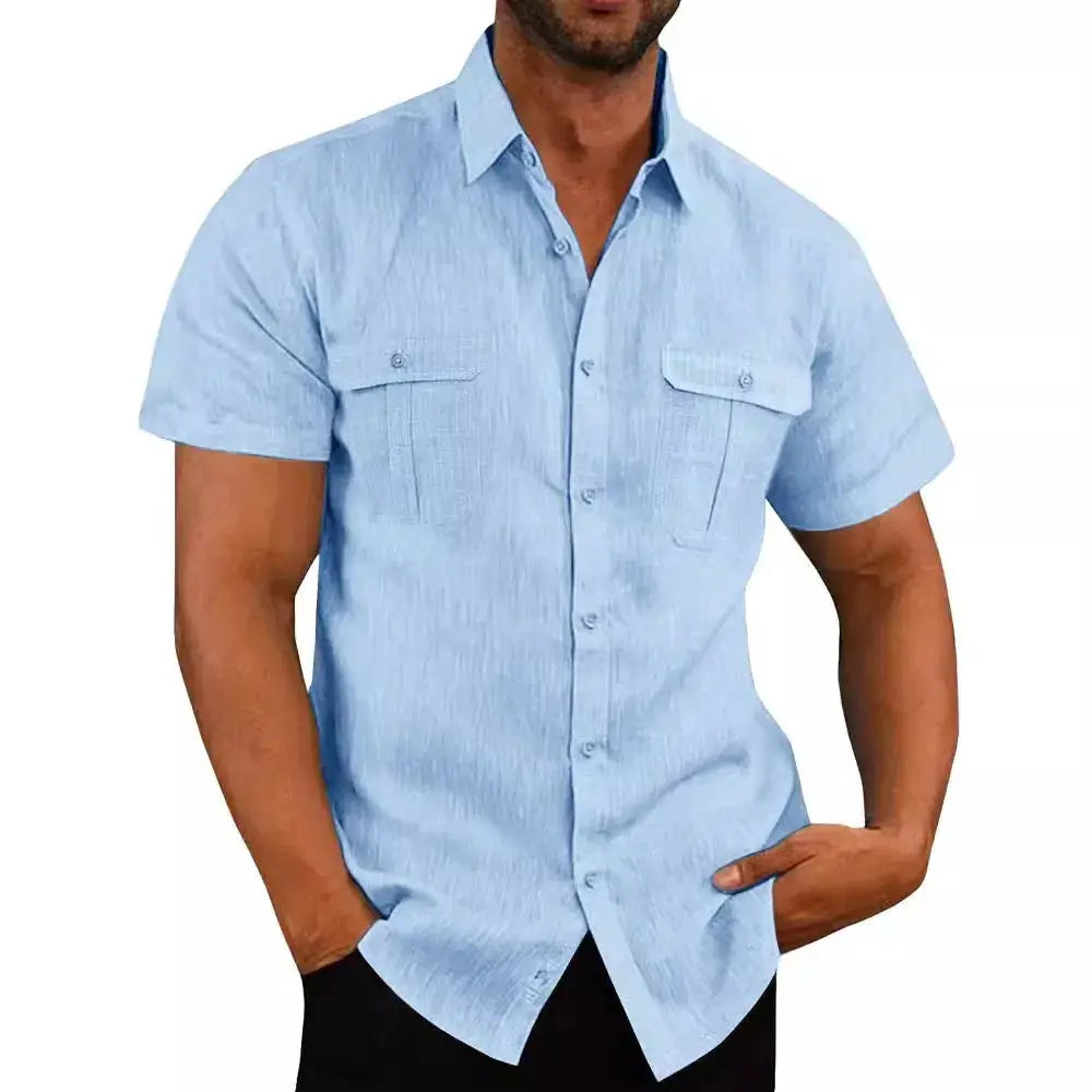 Men's light blue cotton-linen short-sleeve shirt with double chest pockets, slim fit.
