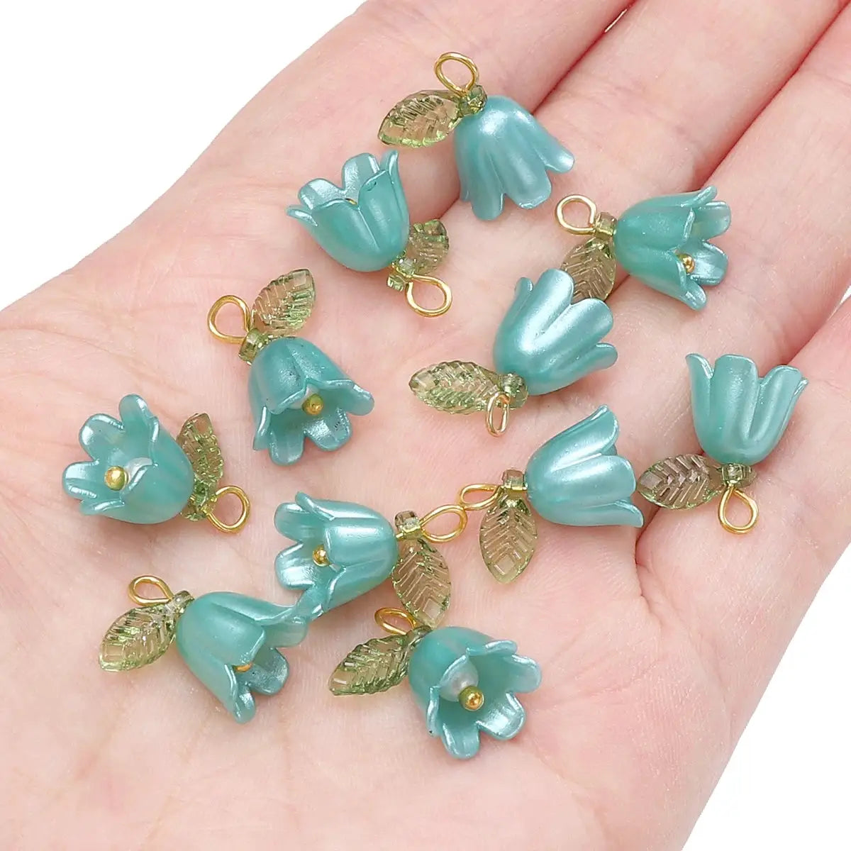 Acrylic lily of the valley flower bud beads by Simples Market turquoise 11x14mm with gold loops 2–10 pcs for DIY jewelry.