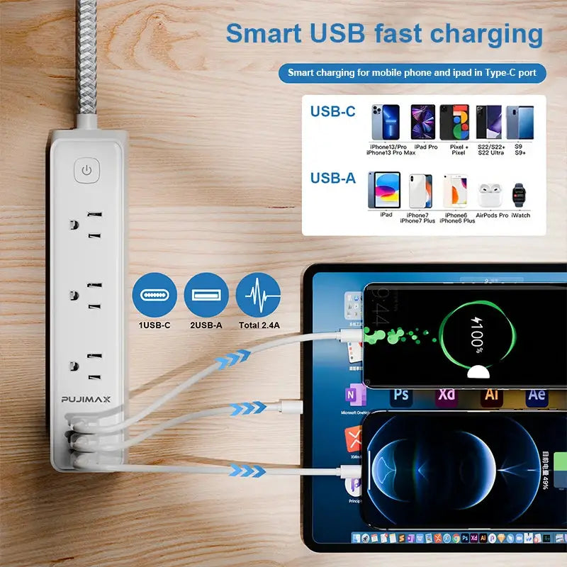 PUJIMAX 5FT Power Strip With 5 Outlets And 3 USB Ports Wall Mountable Surge Protector And Overload Protection