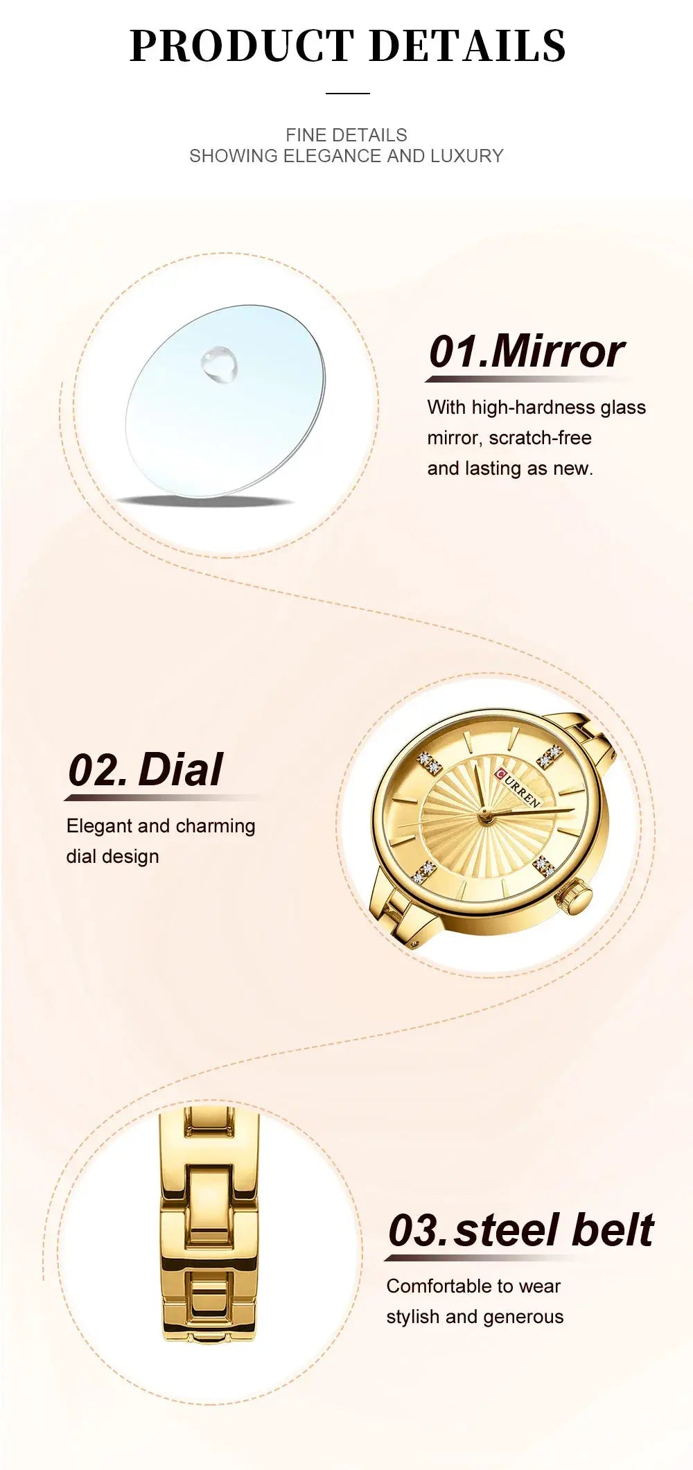 Curren 9097 women's quartz watch with gold-tone stainless steel strap, crystal accents, waterproof