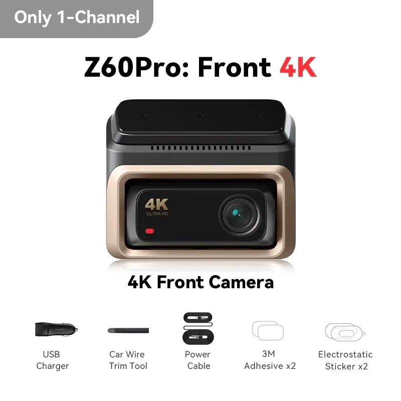 DDPAI Z60 Pro 4K front dash cam by Simples Market; black body with gold bezel; includes USB charger and power cable