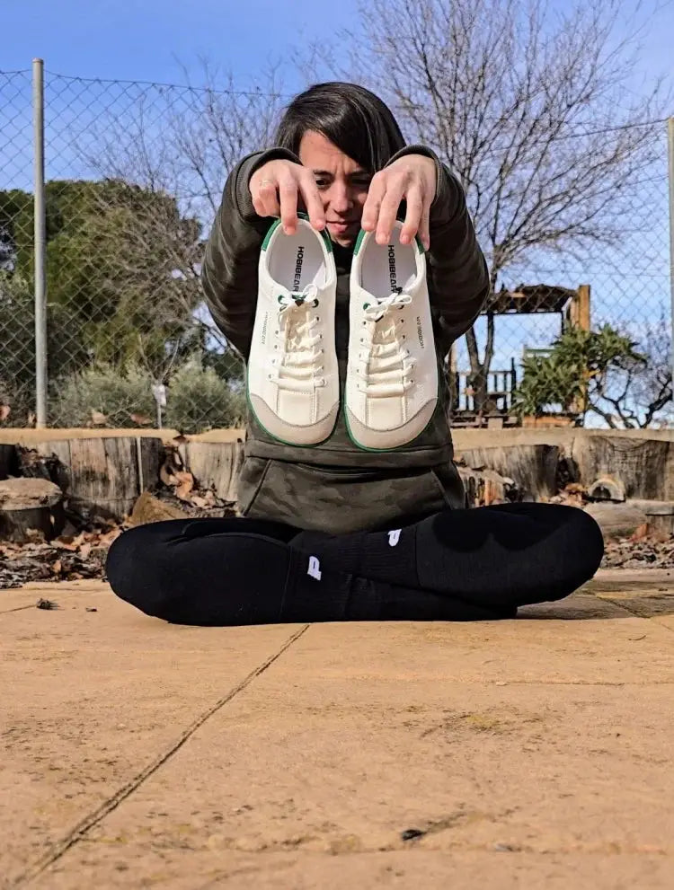 HOBIBEAR wide-toe barefoot canvas sneakers, cream with green trim, 2 shoes shown