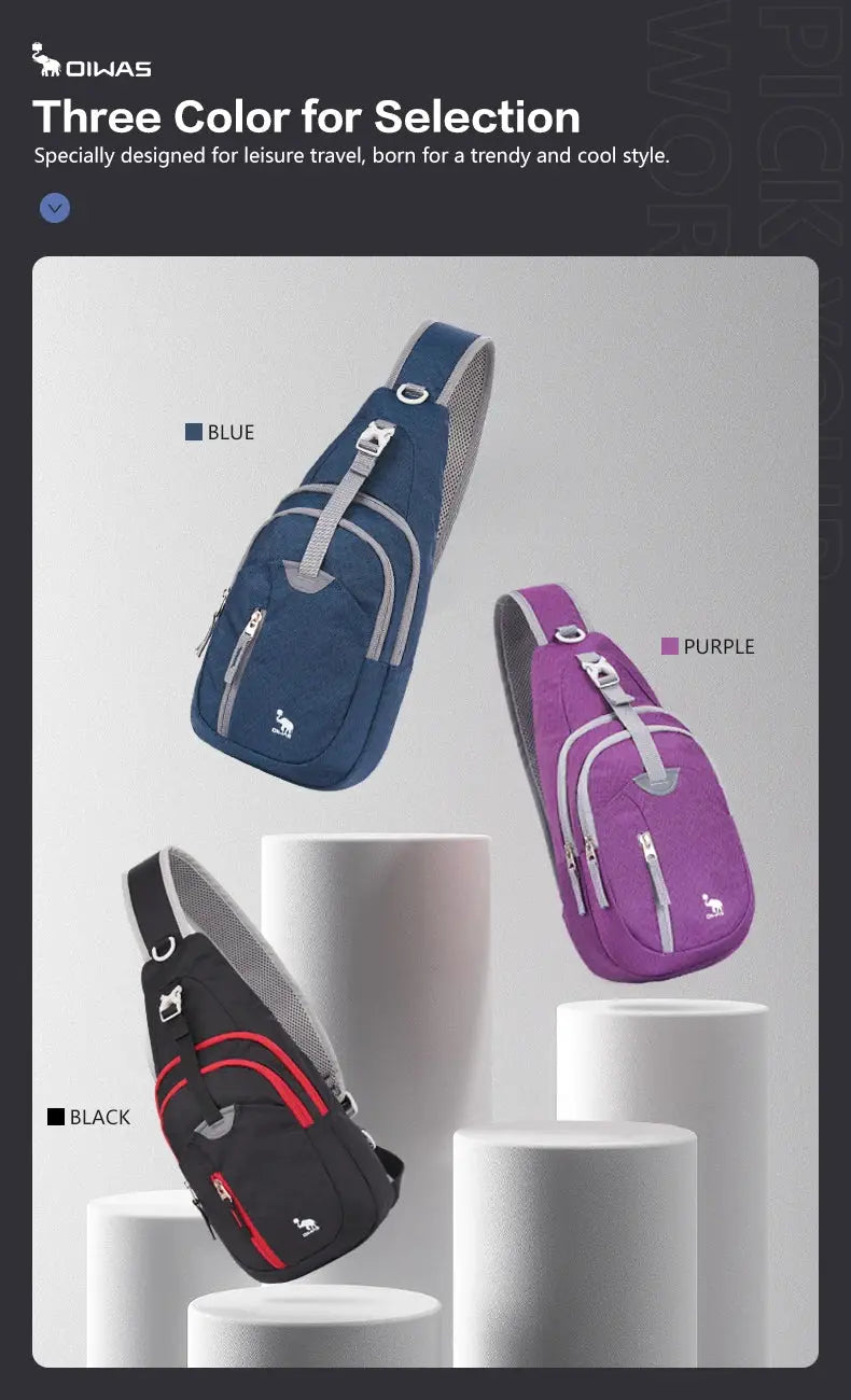 OIWAS casual crossbody sling bag for men; blue, purple and black color variants.
