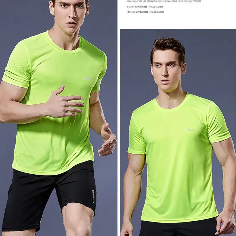 Men's neon green quick-dry running shirt by Simples Market with RUN logo, short-sleeve athletic tee (2 views)