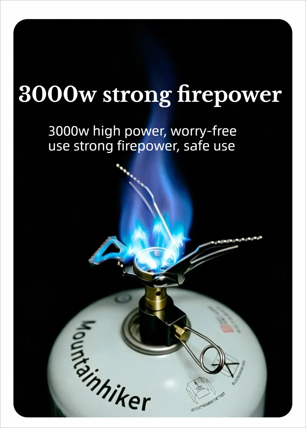 Mini portable camping stove with blue flame on a white Mountainhiker gas canister
