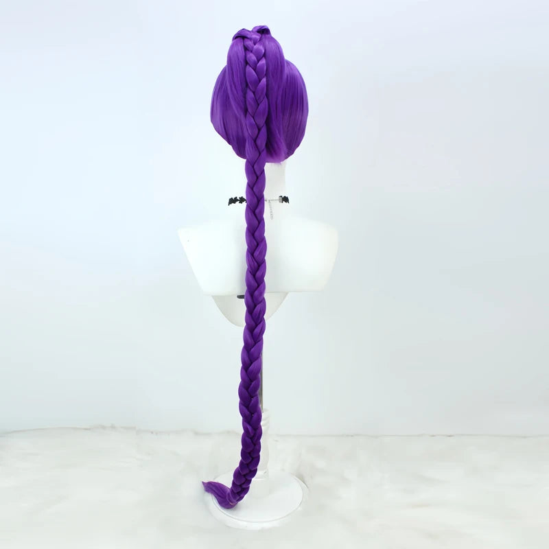 Purple KPOP cosplay wig on display; long single braid, heat-resistant synthetic fiber