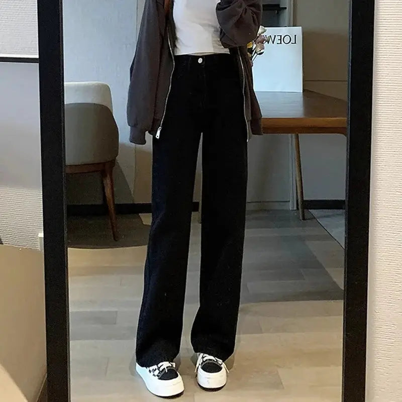 Womens Vintage Wide Leg Jeans High Waist Denim Pants Black Grey Blue