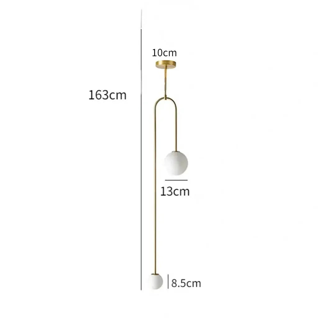 Simples Market modern glass ball pendant light; gold LED hanging lamp with two white glass spheres on a 163 cm drop.