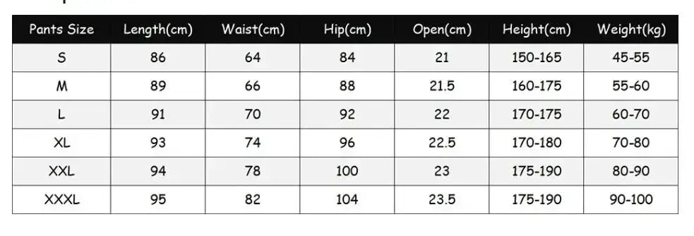 Men's compression pants size chart by Simples Market with length, waist, hip and height ranges (S–XXXL).