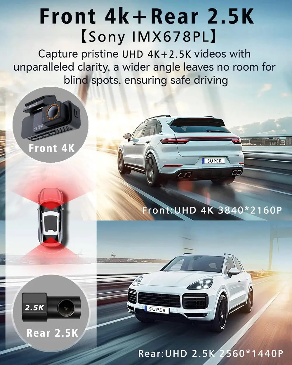 Dash Cam Dual Lens 4K UHD car camera by Simples Market, front 4K and rear 2.5K lenses in black